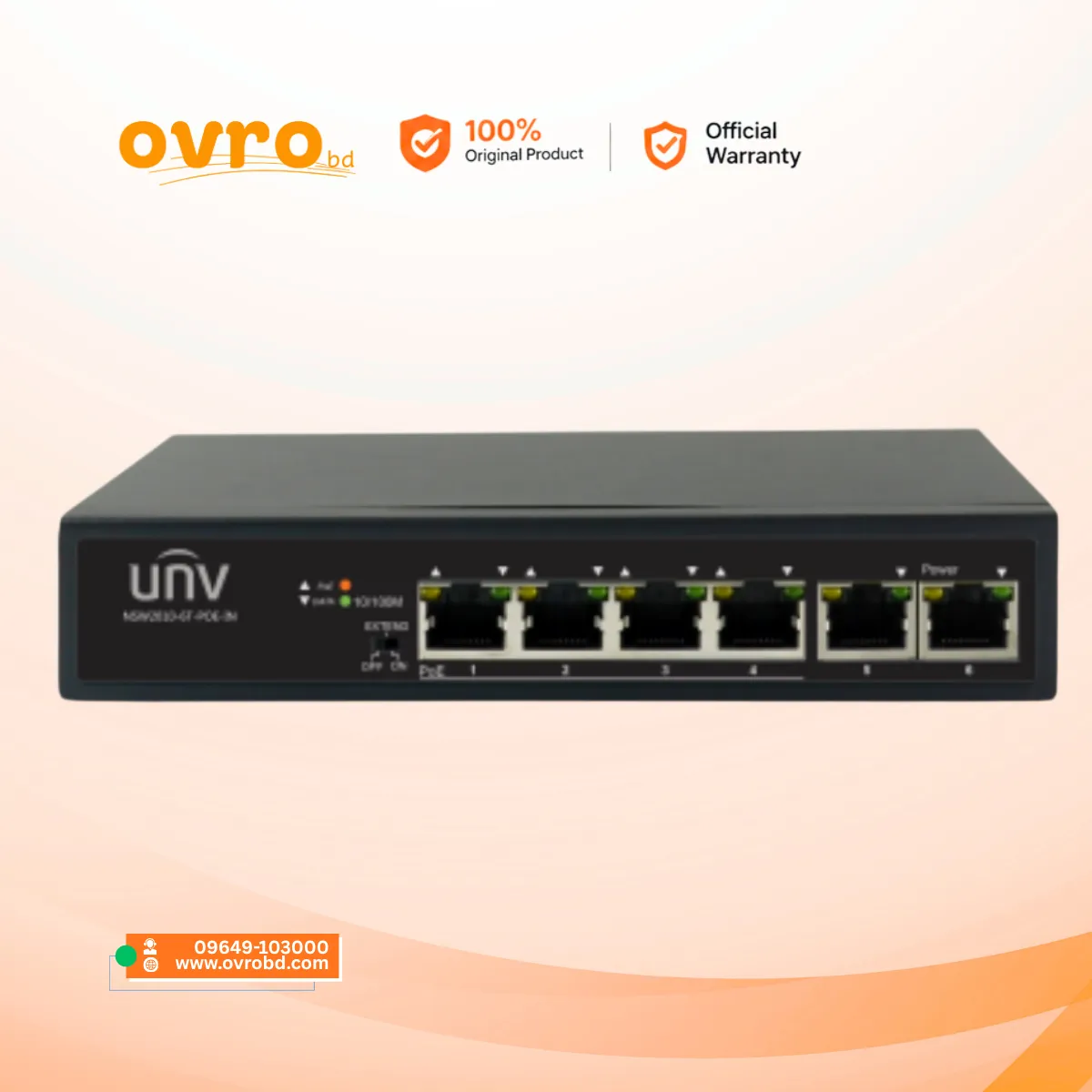 Uniview NSW2010-6T-PoE-IN 6-Port Fast Ethernet PoE Switch with 4 PoE Ports, 65W Power Budget